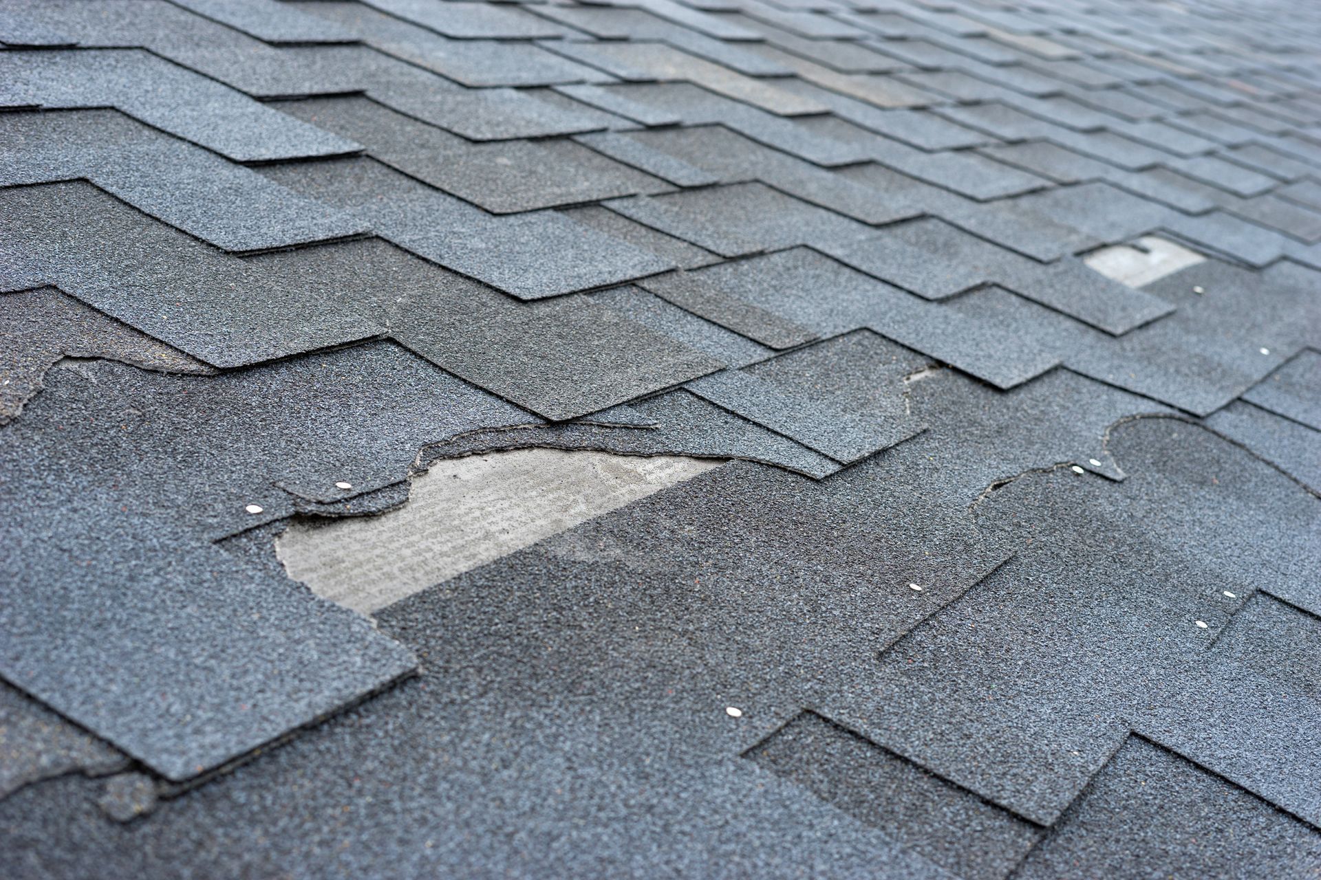 Close-up of a damaged asphalt shingle roof with torn, curling, and missing shingles.