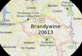 Map showing Brandywine, Maryland 20613 and nearby towns, with roads and parks highlighted. Map showing Brandywine, Maryland 20613 and nearby towns, with roads and parks highlighted.