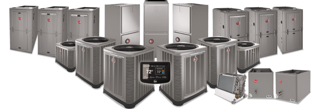 Assorted gray industrial HVAC units and rooftop air conditioners arranged in a row on a white background
