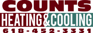 COUNTS Heating & Cooling logo in burgundy, white, and blue with phone number 618-452-3331