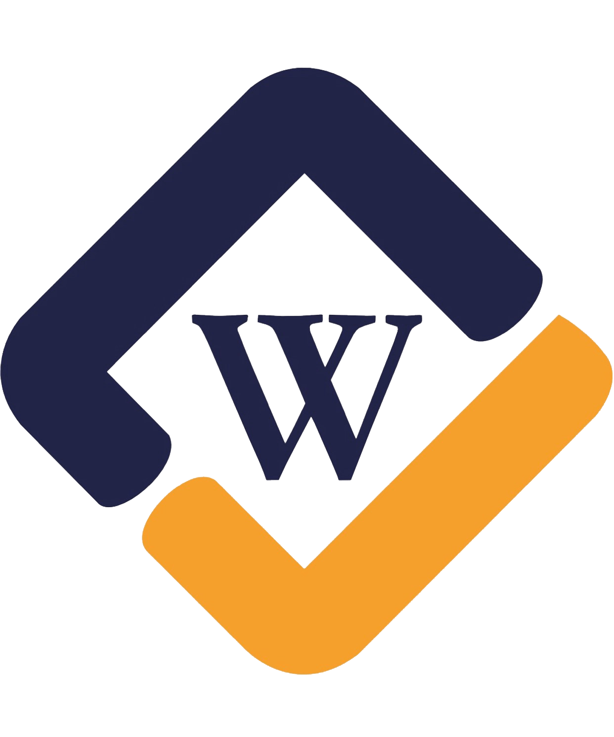 A blue and yellow logo with the letter w on it