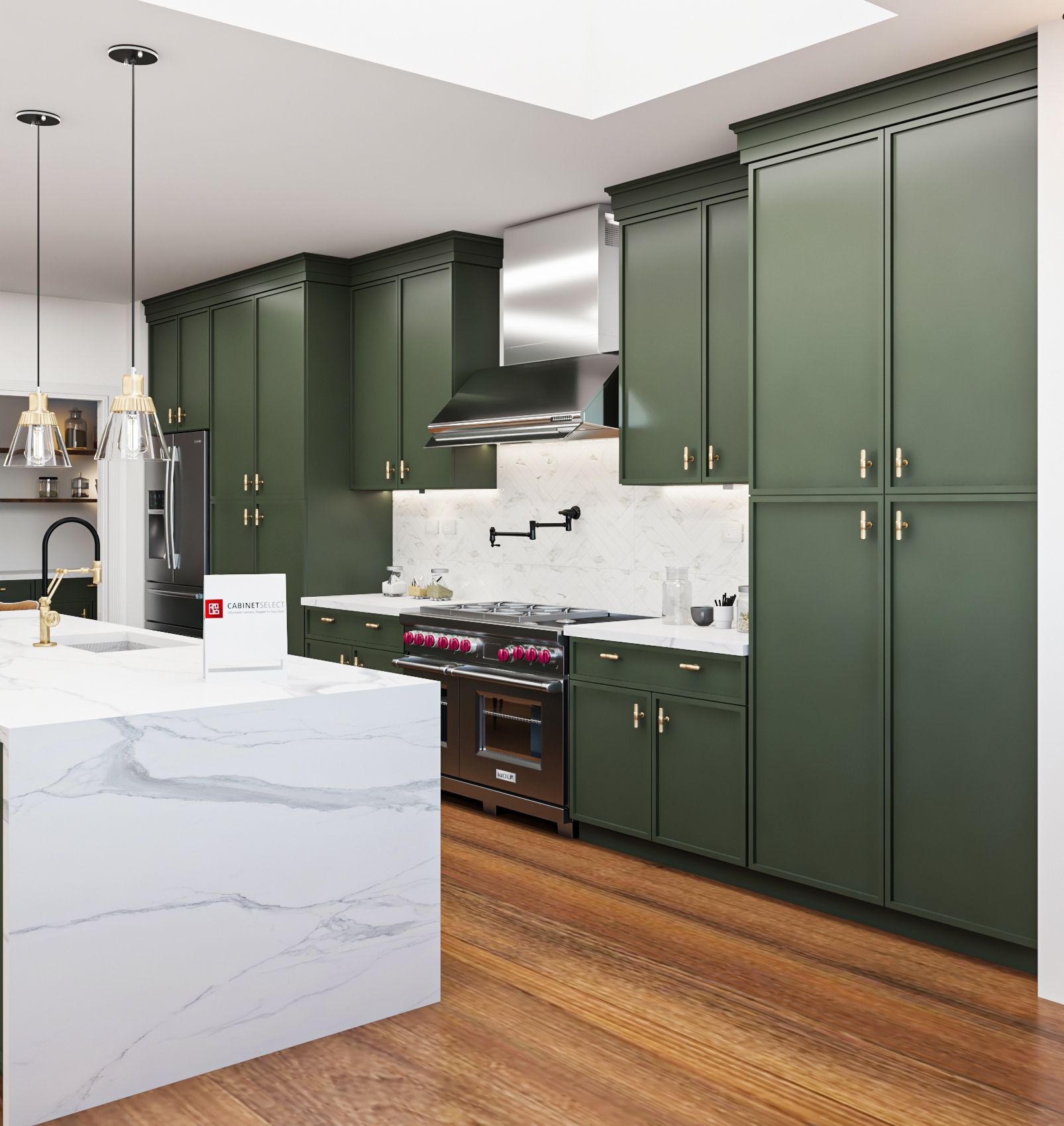 Green kitchen with white marble island, wooden floor, dark cabinets, and stainless steel appliances.