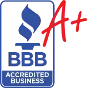 BBB Accredited Business logo with blue flame, rectangle, and red 