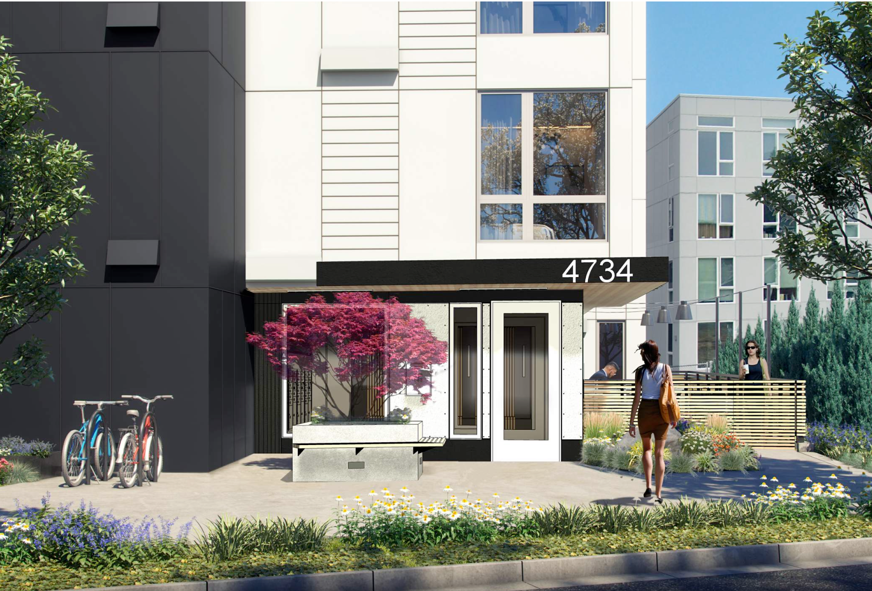 Modern building entrance with the address