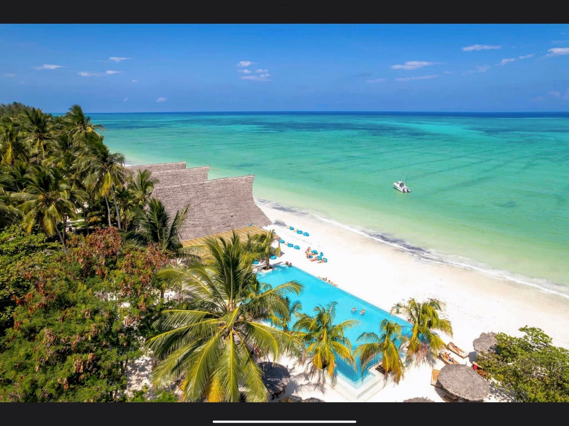 Tropical beach resort with turquoise water, white sand, palm trees, and a blue infinity pool