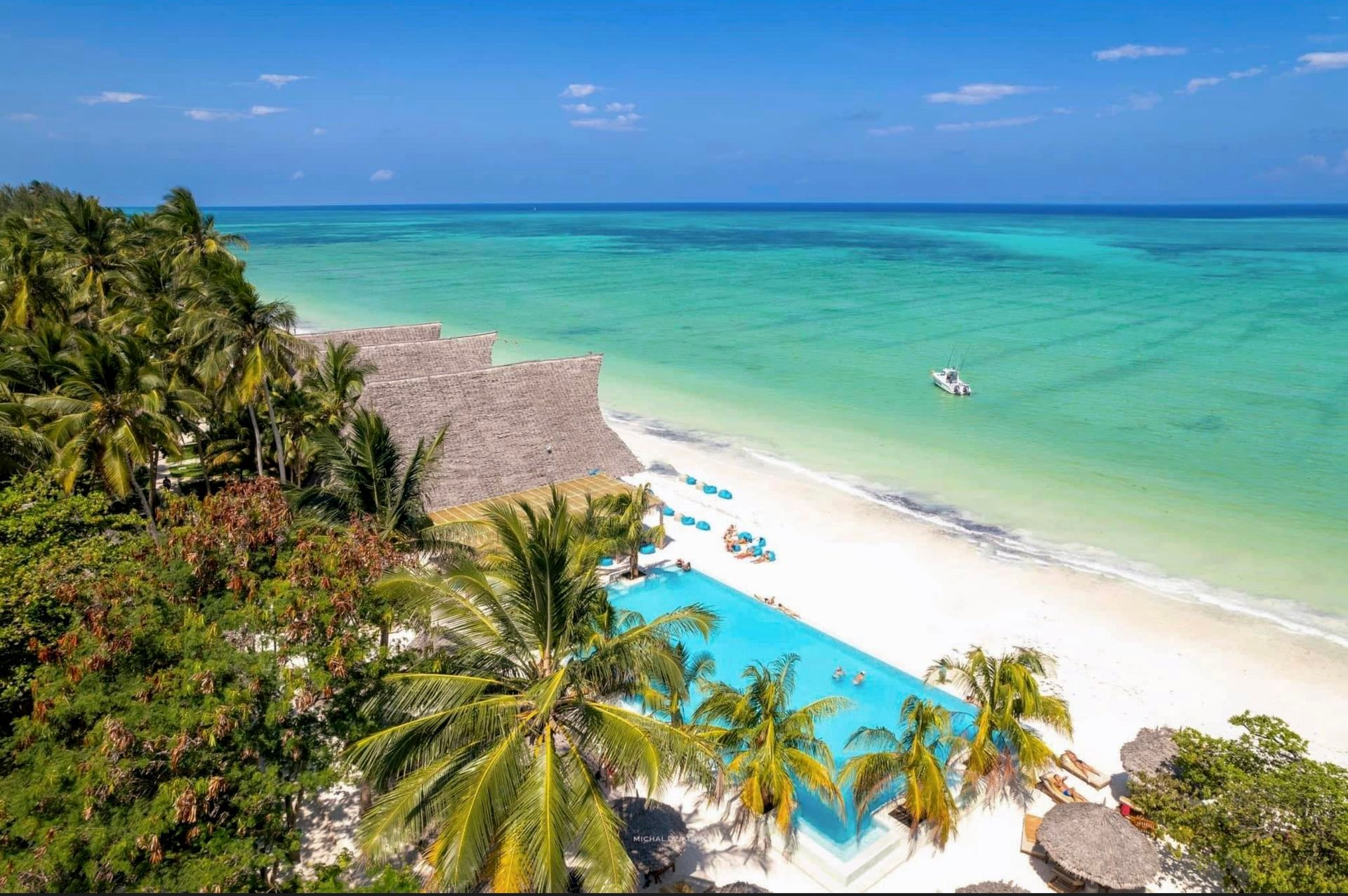 Tropical beach resort with turquoise water, white sand, palm trees, and a pool overlooking the sea