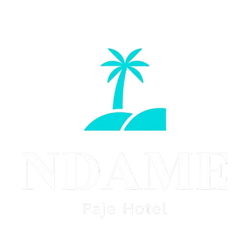Turquoise palm tree logo above faded text reading “NDAME” and “Paje Hotel” on white background