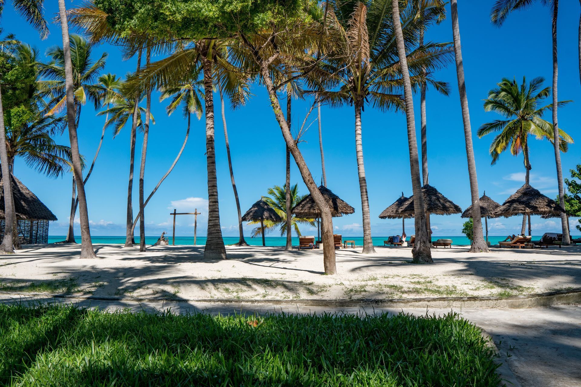 Tropical beach with palm trees, white sand, thatched huts, and clear blue ocean under a bright sky