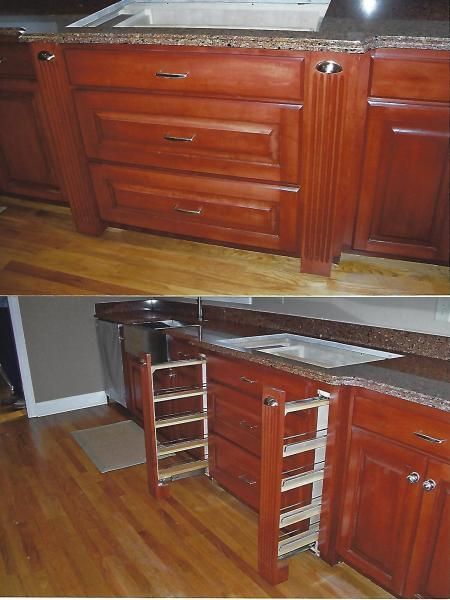 Wooden kitchen cabinets with pull-out shelves and a granite countertop, shown open and closed.