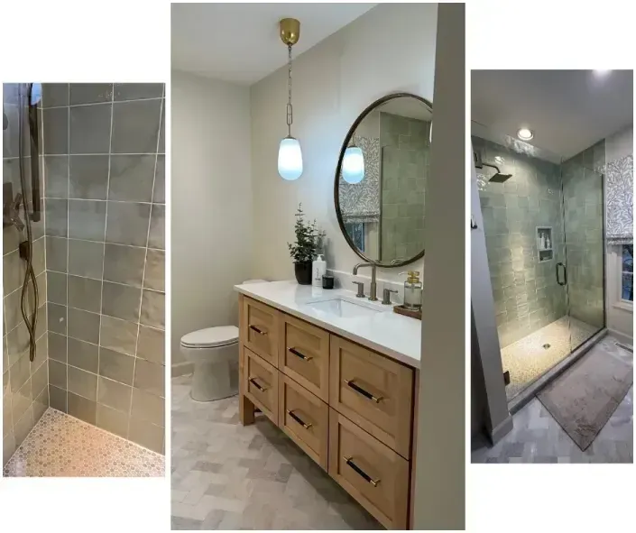 Modern bathroom with wood vanity, round mirror, and tiled shower in gray and beige tones