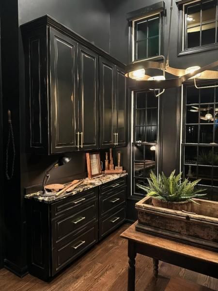 Dark kitchen with black cabinets, wood floor, and a rustic planter on a counter.