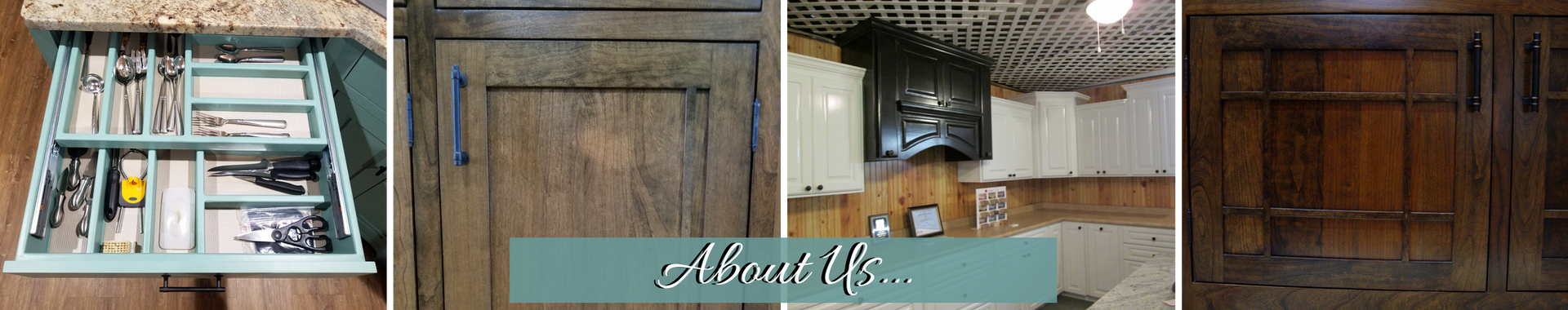 Collage of a built-in wooden cabinet, showing open shelves, double doors, and a closed cupboard front