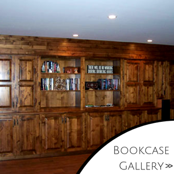 Built-in wooden bookcase wall with shelves and cabinets in a room
