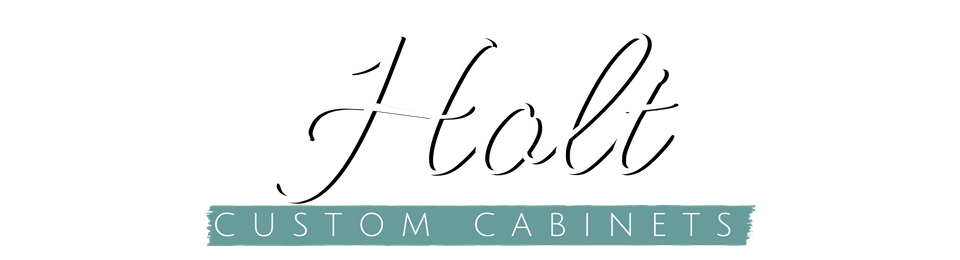 Holt Custom Cabinets logo in black script with teal banner text on white background