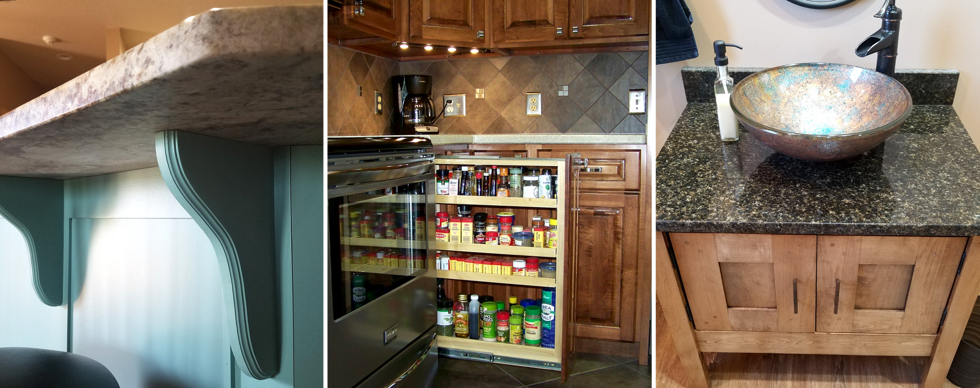 Three kitchen views: a countertop with sink, an open pantry cabinet, and a bowl-shaped bathroom sink.