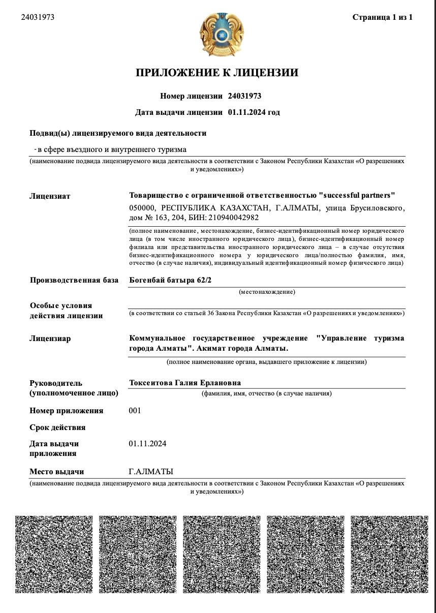 Appendix to the tourism license