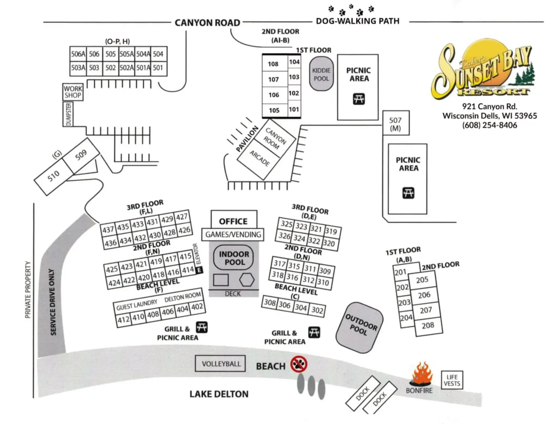 Black-and-white amusement park map with labeled buildings, paths, and ride icons