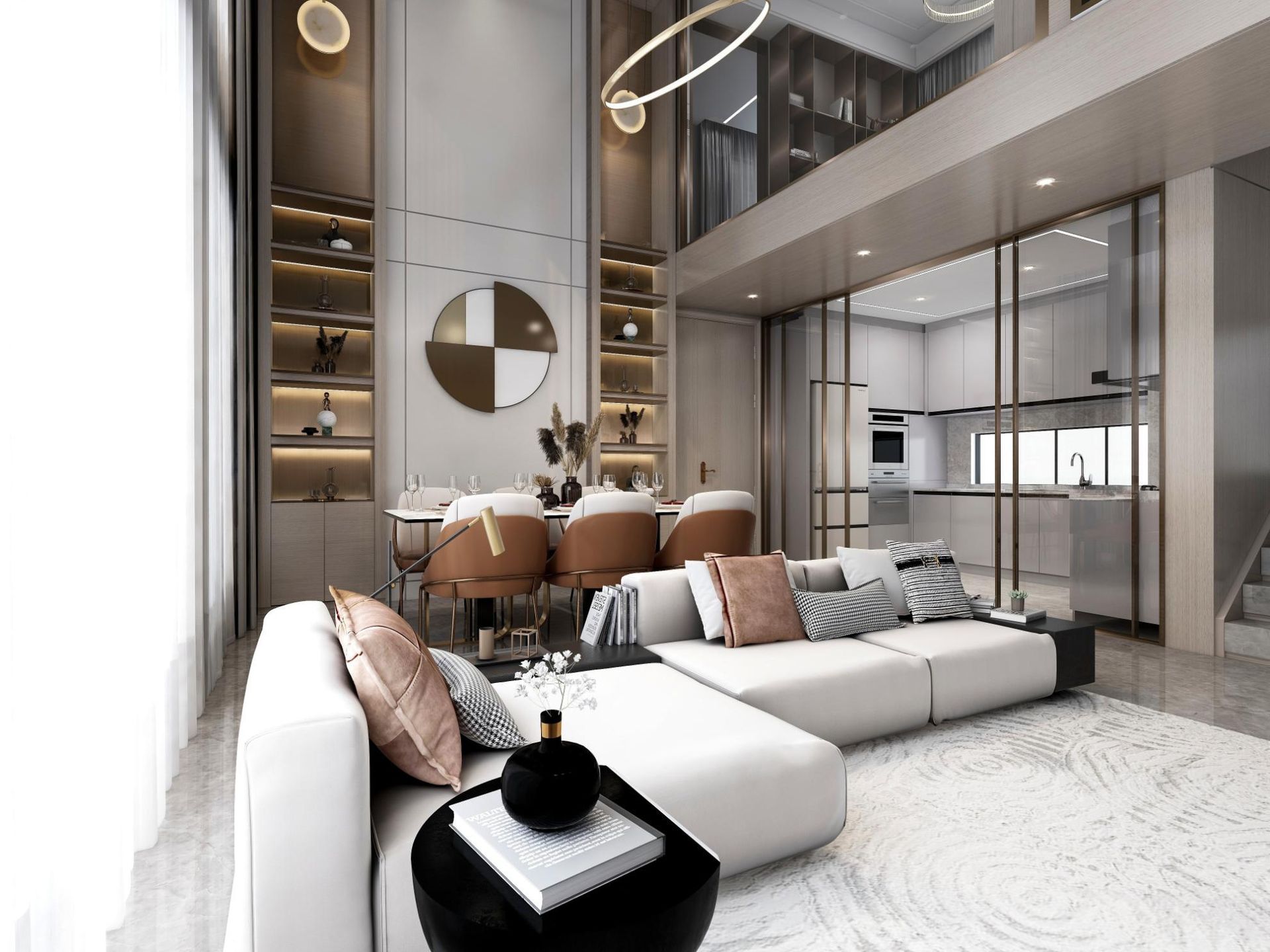 Modern living room with white sectional sofa, tan chairs, and a tall mirrored wall in a bright open interior