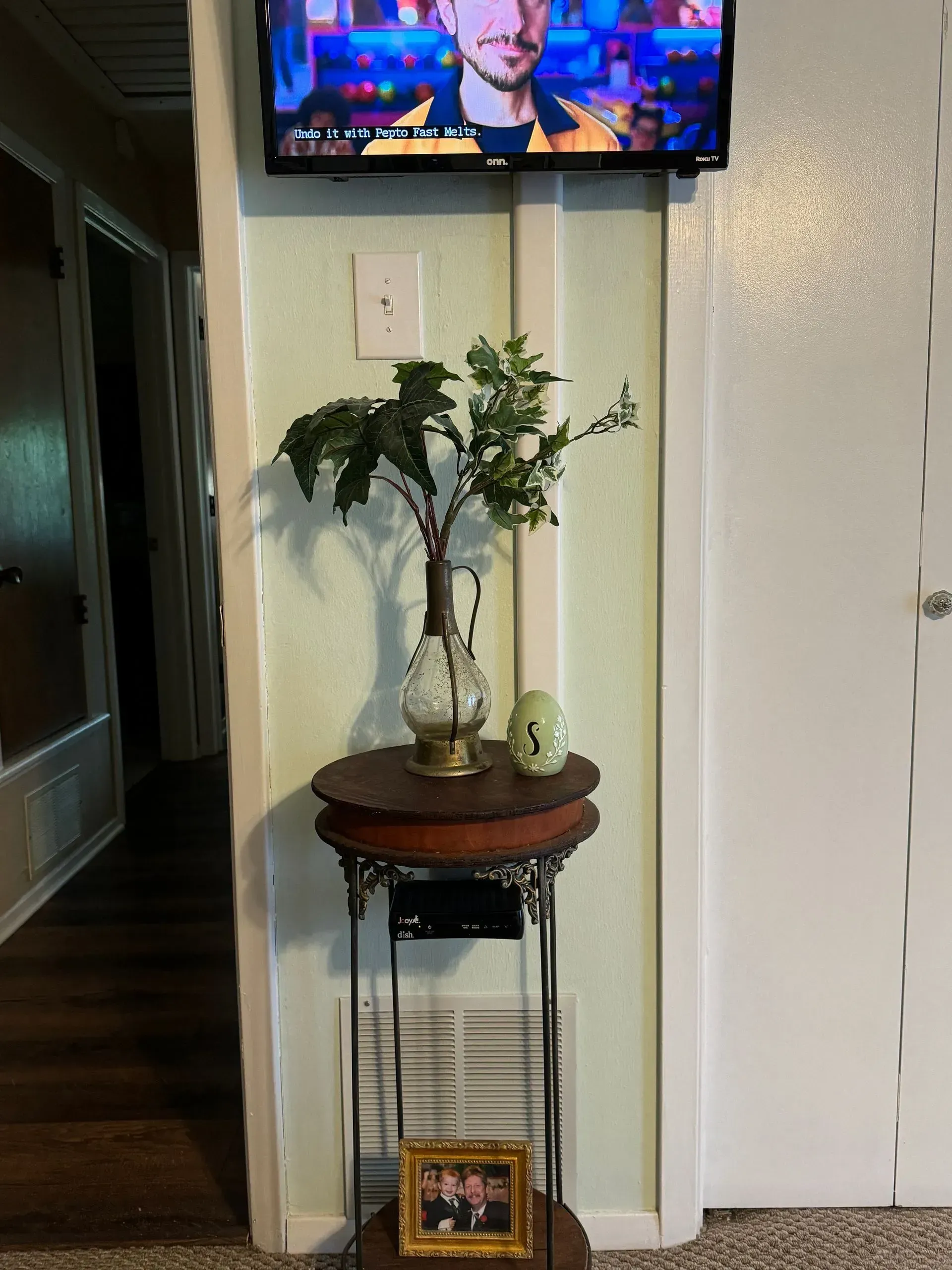 Narrow entryway with a small round plant table beneath a wall-mounted TV and framed photo.