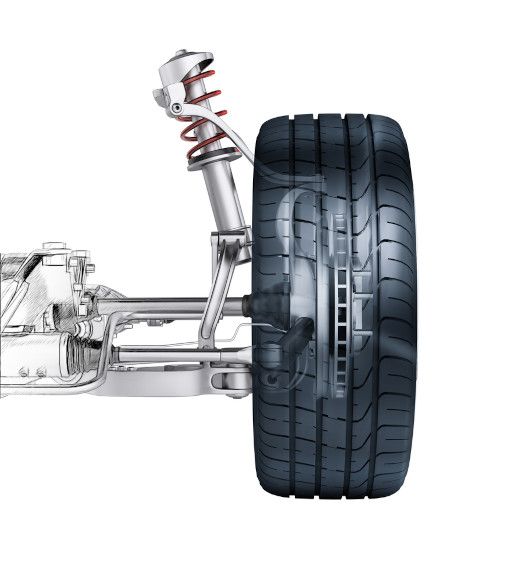 Car tire and wheel suspension assembly isolated on white background