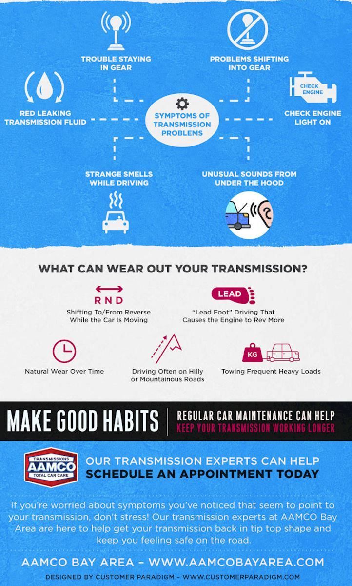 Blue informational poster about transmission care, with icons and tips for good habits and scheduling service appointments