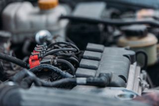 Close-up of engine wiring and components inside a car hood area