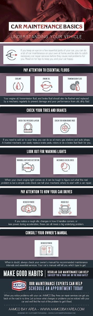 Infographic with stacked sections and icons describing car maintenance basics.