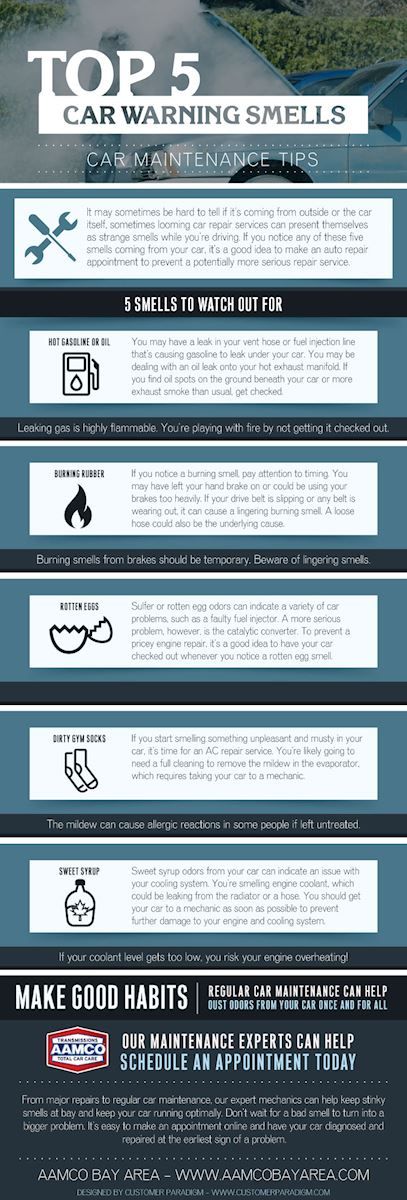 Blue infographic titled “Top 5 car warning smells” with five numbered scent descriptions and logos at the bottom