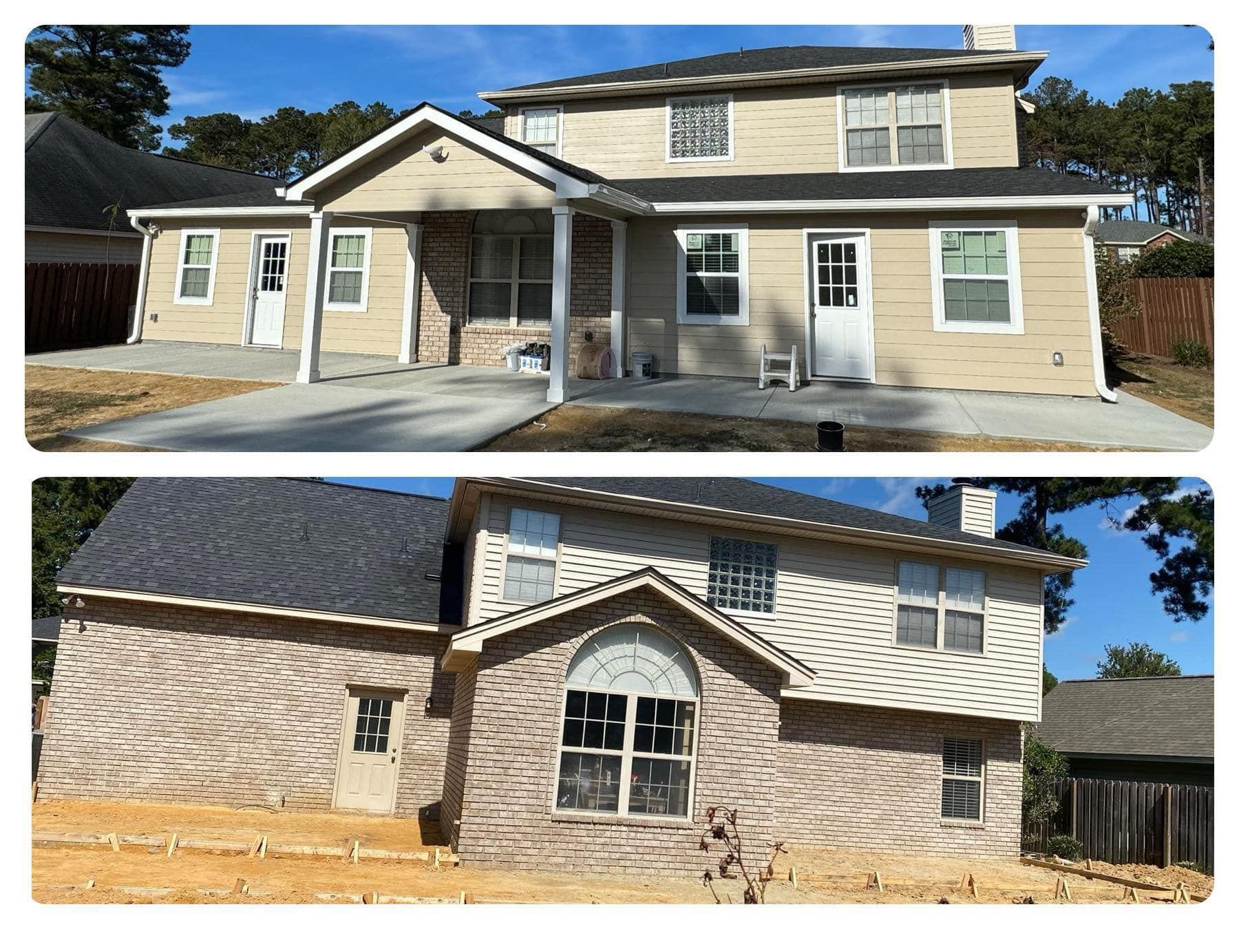 Two views of a tan house exterior with white trim, a covered entry, and a small porch under a blue sky