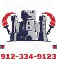 Castle Painting logo with gray castle and red paint rollers, phone number 912-334-9123