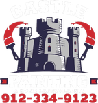 Castle Painting logo with gray castle and red paint rollers, phone number 912-334-9123