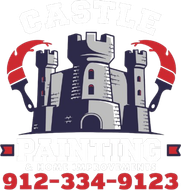 Castle Painting logo with gray castle and red paint rollers, phone number 912-334-9123