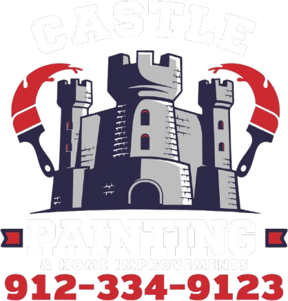 Castle Painting logo with gray castle and red paint rollers, phone number 912-334-9123