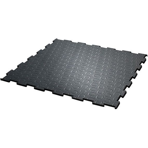 Dalles de sol en caoutchouc noir emboîtables, adaptées aux sols de salles de sport ou d'ateliers.