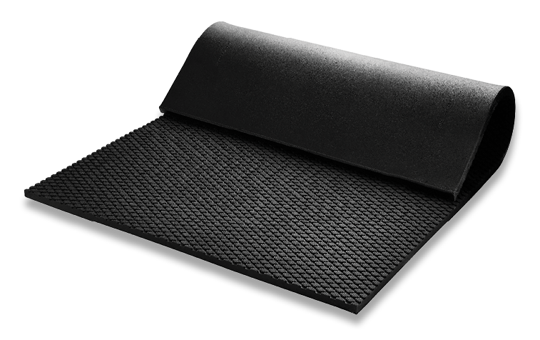 Tapis de sol en caoutchouc noir avec un bord incurvé surélevé, enroulé à une extrémité