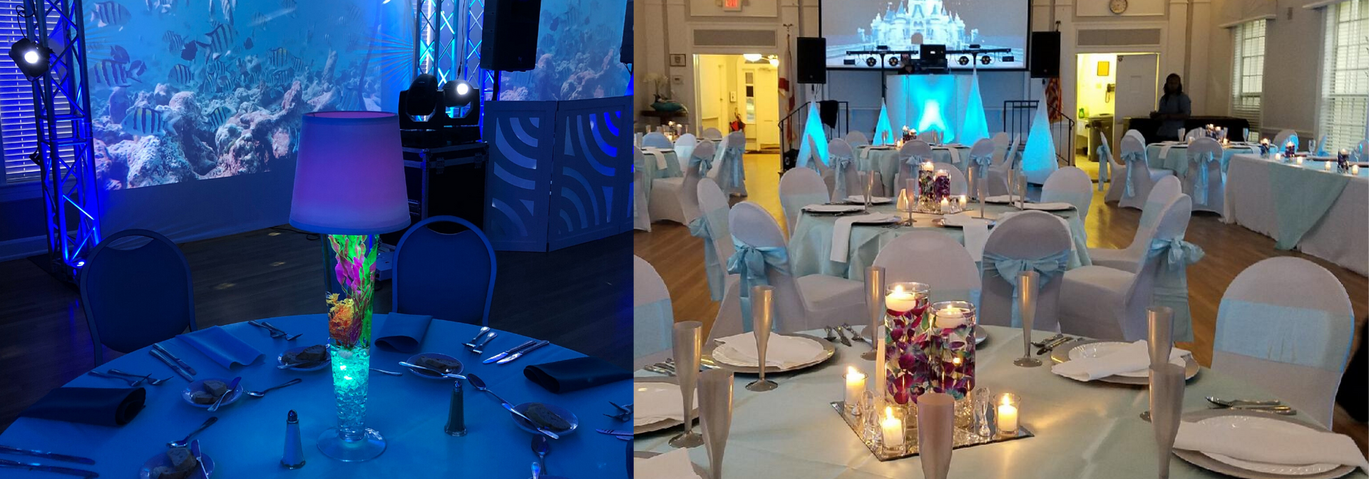 Blue-lit banquet hall with round tables, white chairs, and candle centerpieces