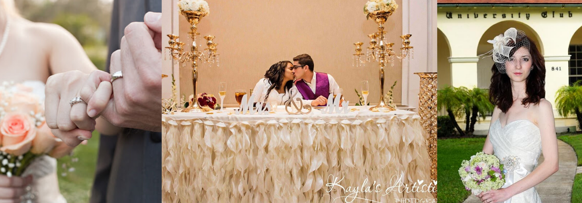 Three photo collage: Bride and groom at a decorated wedding table, with a close-up of interlocked hands and a bridal portrait.