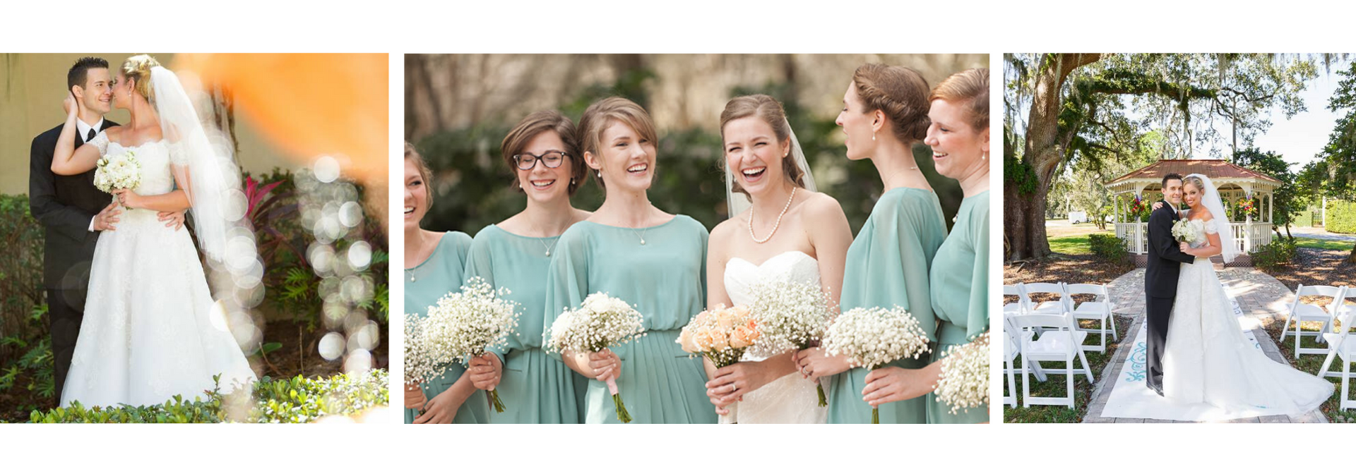 Bride and bridesmaids in mint dresses at outdoor wedding, holding bouquets beside a decorated aisle
