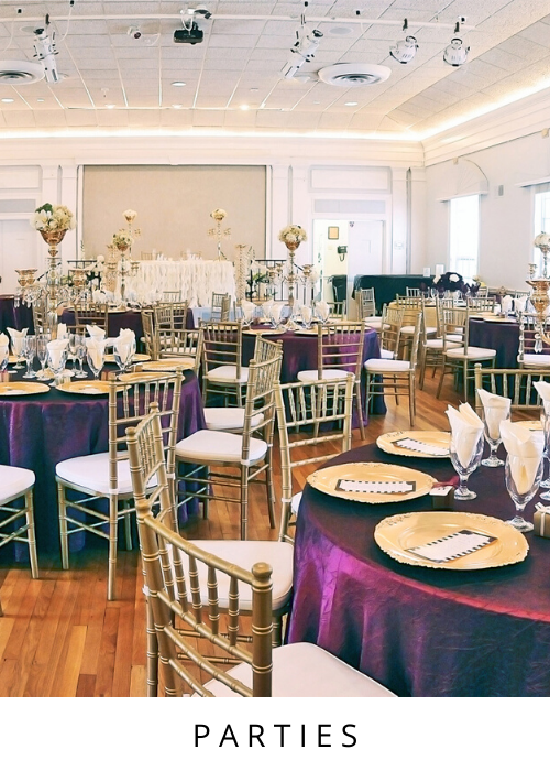 Elegant banquet hall with round tables, gold chairs, and purple tablecloths labeled “Parties”