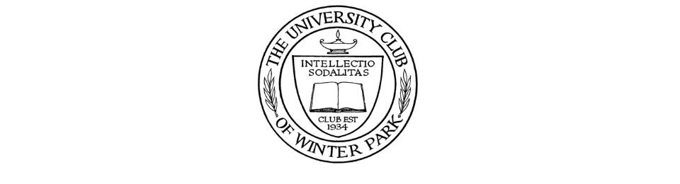 Circular black-and-white university seal reading "The University Club of Winter Park" with a central shield emblem.