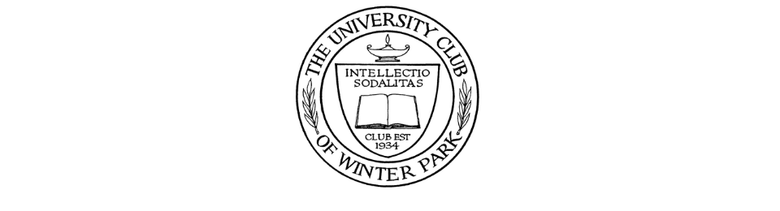 Circular black-and-white university seal reading "The University Club of Winter Park" with a central shield emblem.