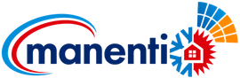 Logo Manenti con testo blu, swoosh rosso e blu e un’esplosione arancione e blu attorno all’icona di una casa