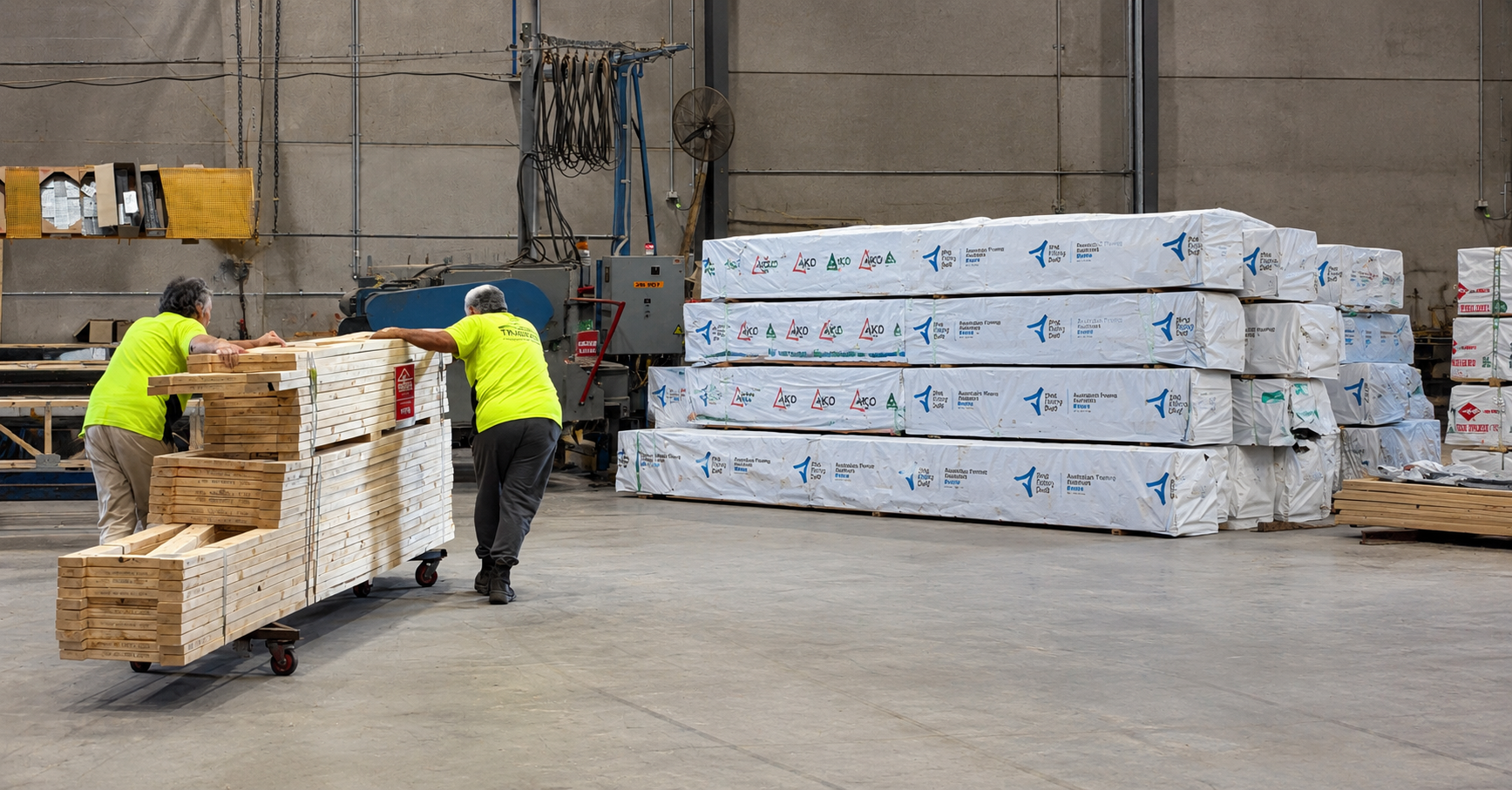 Trussfab workers move timber packs through the factory for wall frame production.