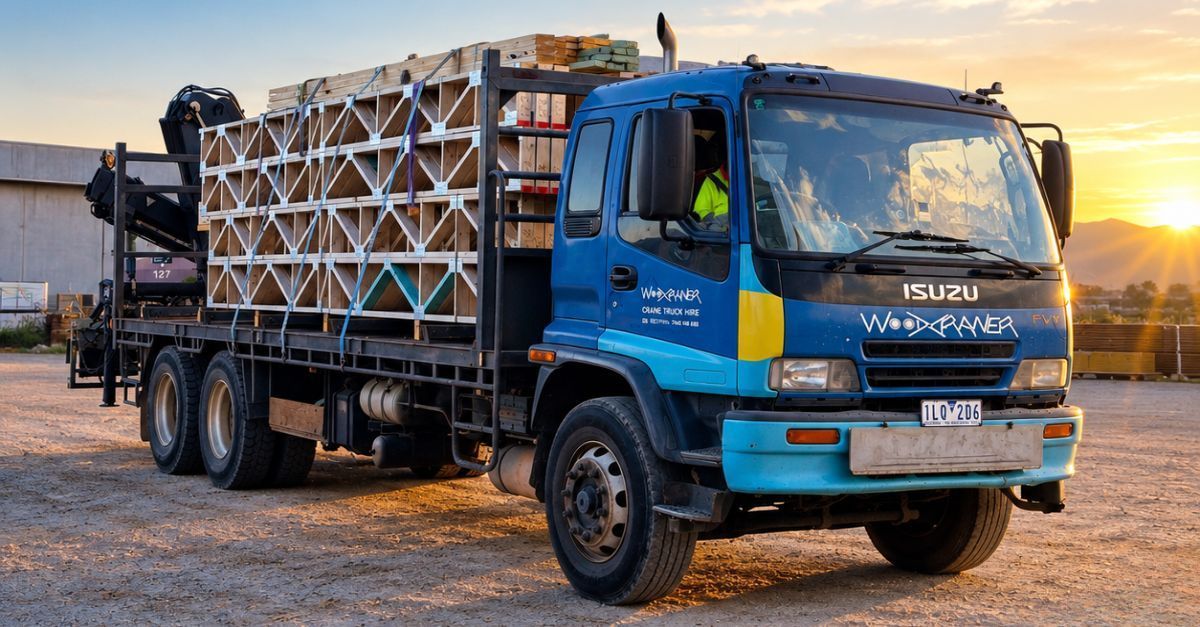 Truck carrying timber roof trusses and wall frames ready for delivery to a residential construction