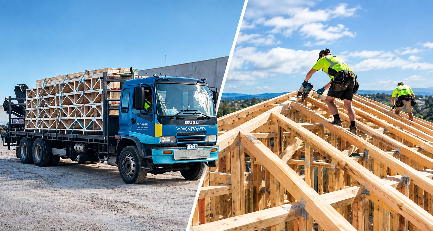 Trussfab roof trusses and wall frames delivered and installed on a residential construction site.