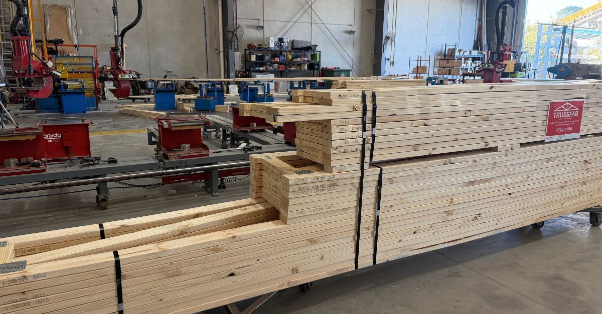 Timber wall frames prepared at the Trussfab factory for owner-builder projects