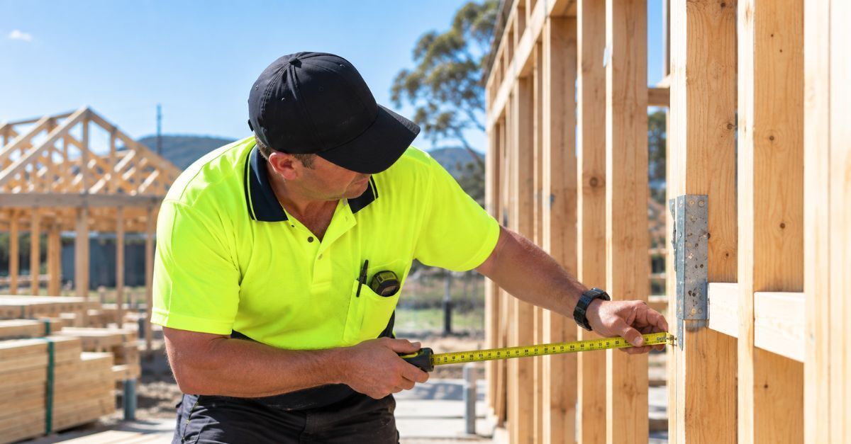 Trussfab worker using a tape measure to check a timber wall frame on a residential construction site
