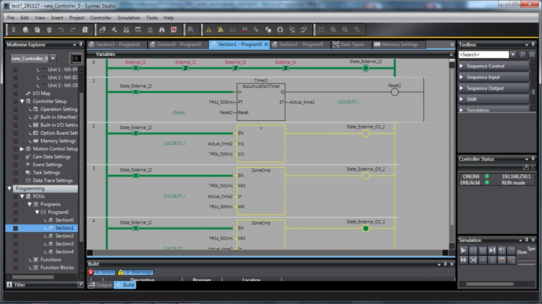 Interfaccia software con tema scuro, diagramma di flusso centrale e pannelli laterali per strumenti e impostazioni.