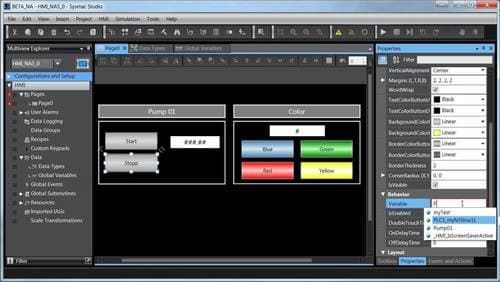 Interfaccia editor a tema scuro con pannelli, menu a tendina e pulsanti di controllo colorati su una tela centrale.