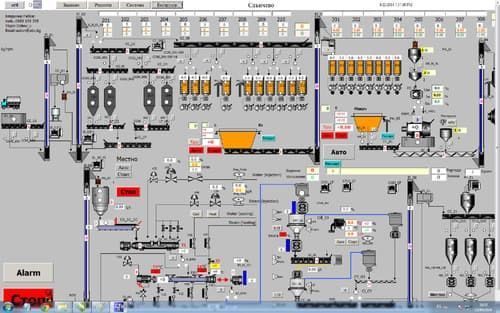 Pannello di controllo industriale con indicatori, interruttori e spie di allarme su una plancia grigia